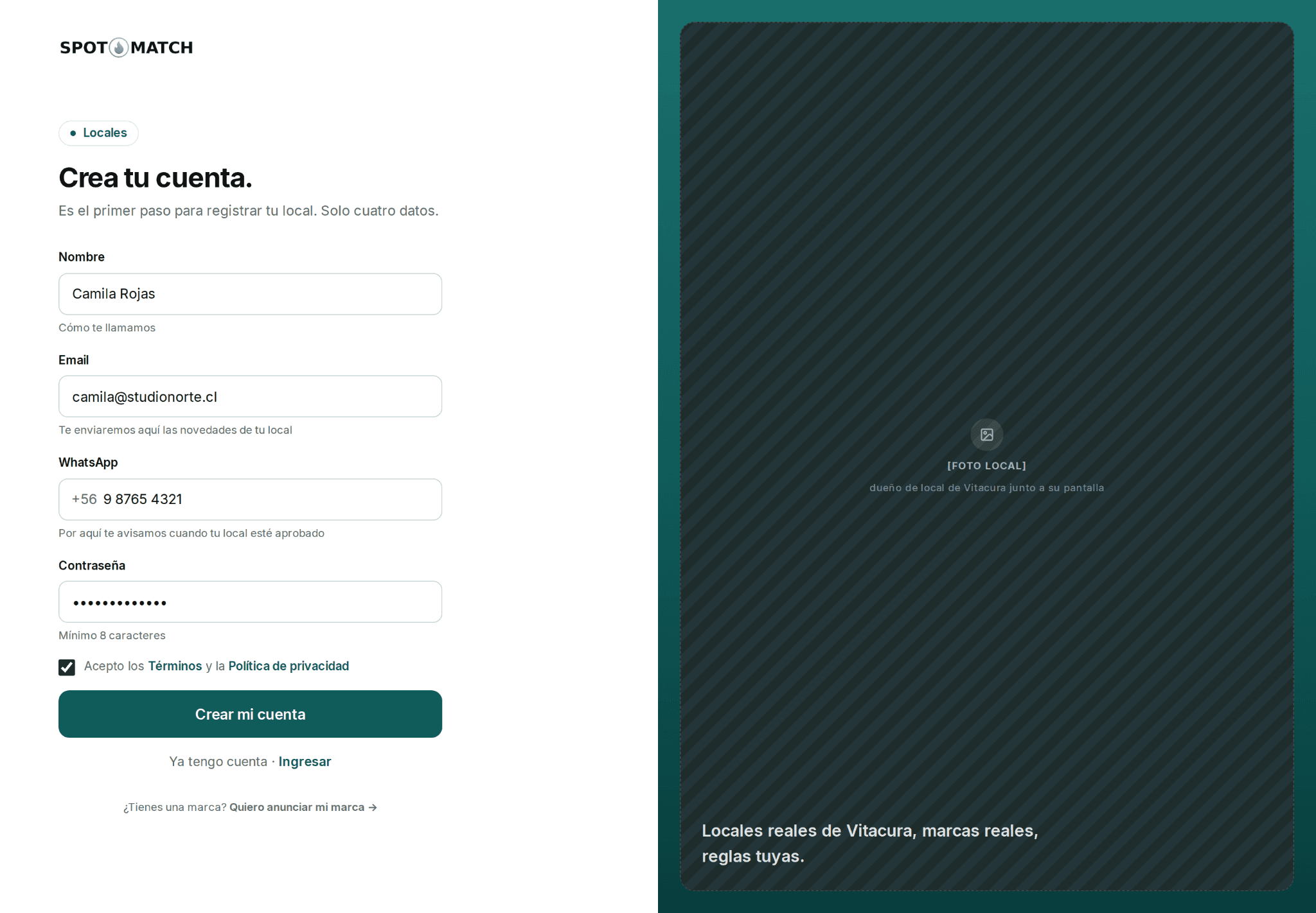 Formulario de registro del local en SpotMatch